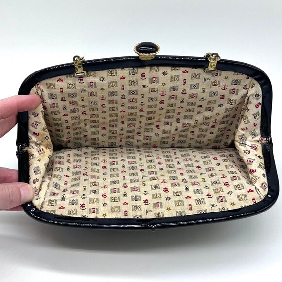 Vintage Black Patent Vinyl Clutch Bag Chain Strap Retro Purse - Picture 5 of 9